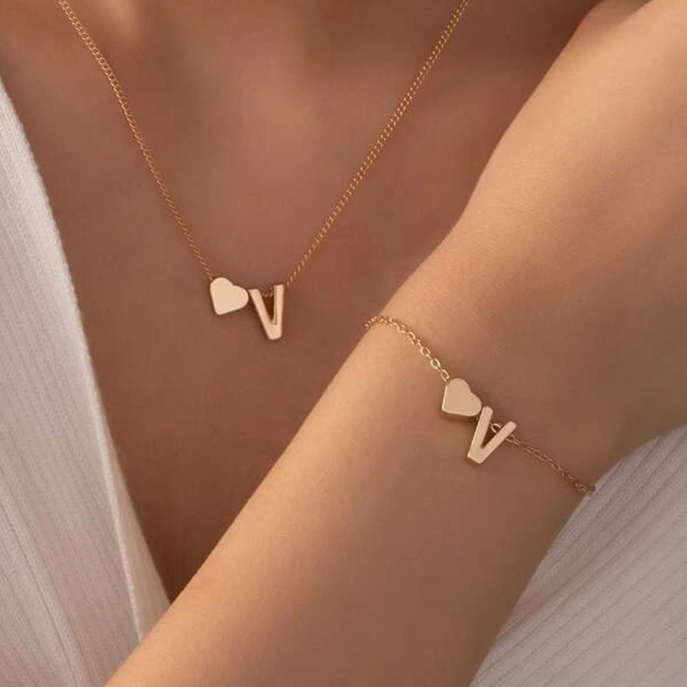Retro Metal Heart 'M' Necklace & Bracelet Set for Women - European & American Letter Jewelry