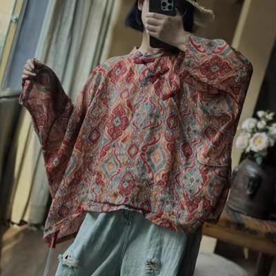 Damen Blusen mit Blumenmuster im Vintage-Print, Stehkragen, Fledermausärmel, Knopfleiste, Frühlingsblusen im chinesischen Stil