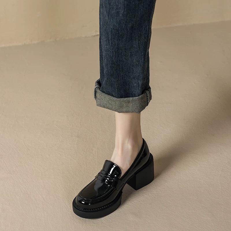 Huge Comfortable~ Soft Leather Black Platform Loafers Women's Small Thick Heel Muffin Small Leather Shoes Retro Jk Single Shoes