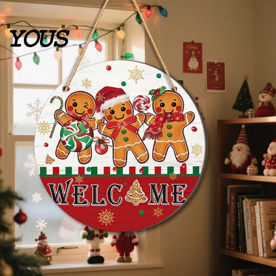 Rustic Christmas Wall Art Hanging Sign, Round Wooden Welcome Cute Dog Gingerbread Retro Holiday Wood Plaque Man Sign for Front Door Porch Decor