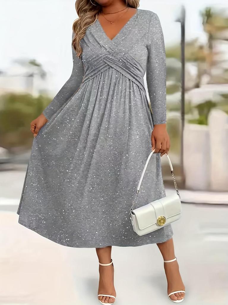 Elegante Vestito Glitterato Scollo a V Manica Lunga Taglie Forti con Tasche - Stile Europeo & Americano 2026