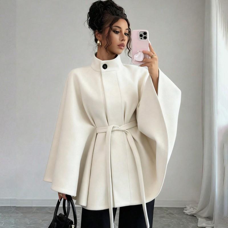 Manteau Cape Élégant pour Femme en Laine Mélangée à Col Montant Ceinture à Nouer Garniture en Fourrure de Lapin Vêtement d'Hiver