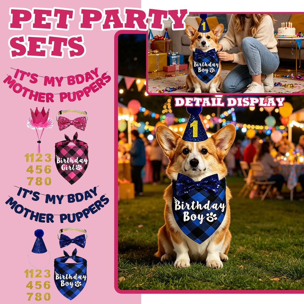 Pet Birthday Party Decoration Set with Banner Crown Bow Tie Bandana and Number Stickers for Dog Cat Celebration Accessories