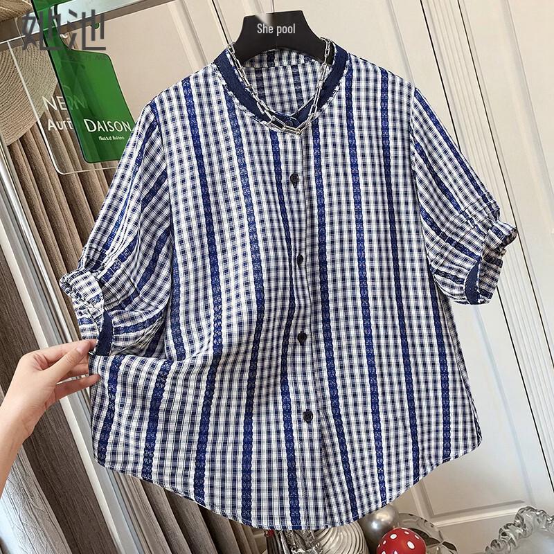 Women s Retro Loose Plaid Short Sleeve Blouse S