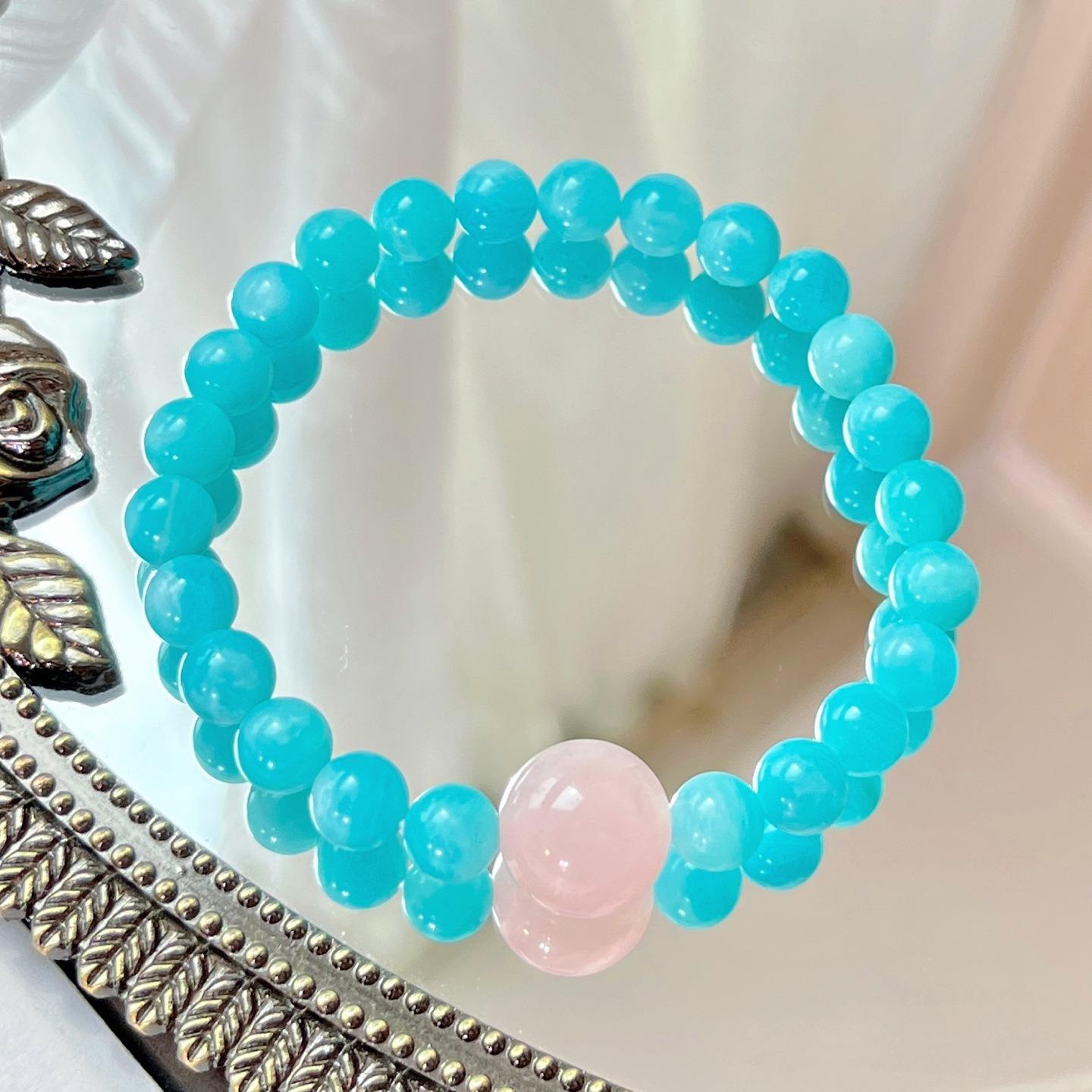 

8Mm Natural Amazonite 12Mm Madagascar Rose Quartz Contrast Bracelet