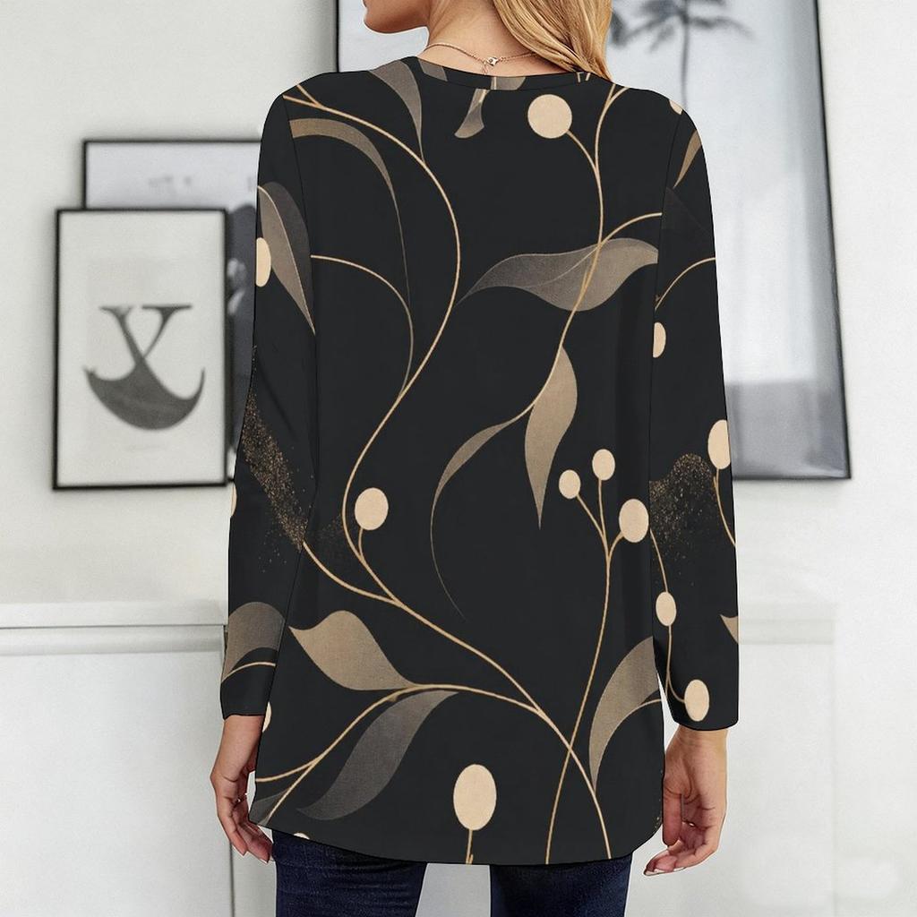 Women Plus Size Round Neck Long Sleeve Black Printed Loose Longline T Shirt With Pockets