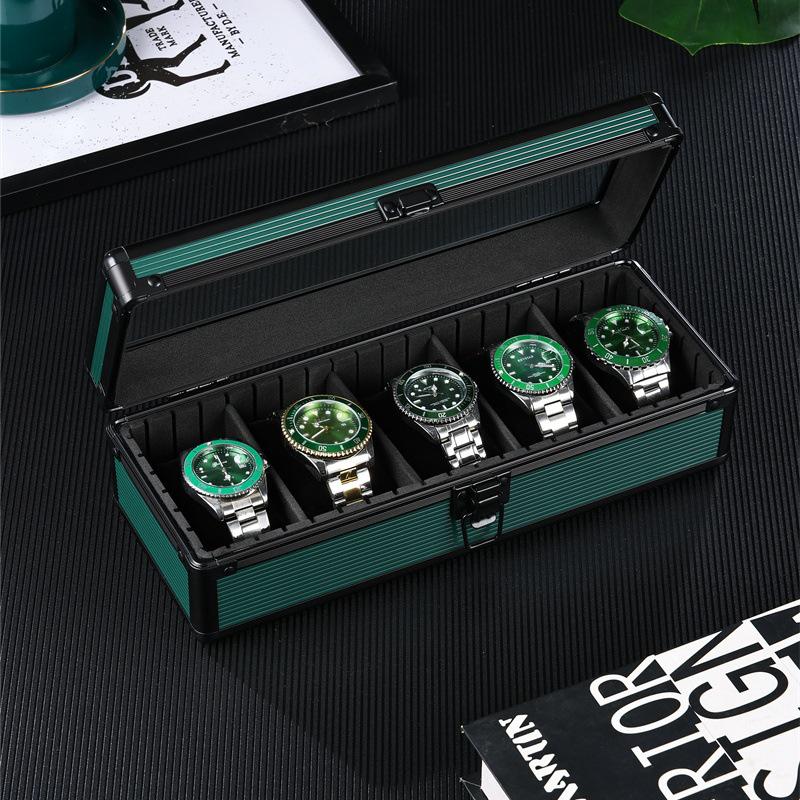 Aluminum Alloy Watch Box with Transparent Lid, 5 Slots, Multiple Colors
