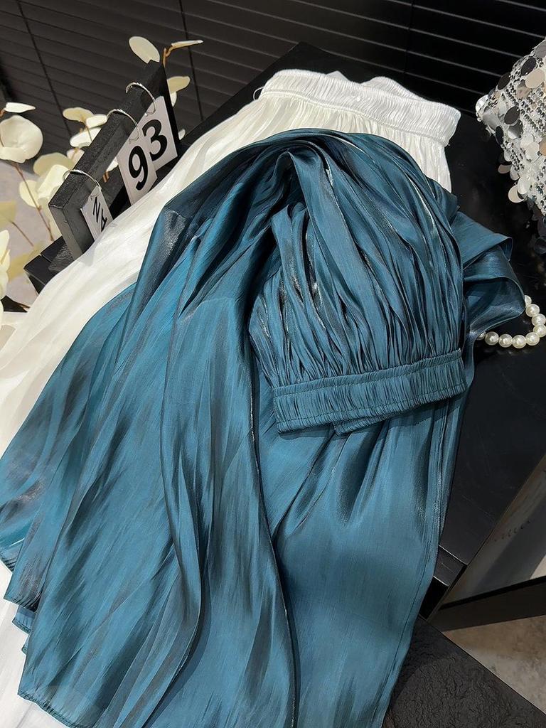 High-Waisted Retro Pleated A-Line Chiffon Skirt with Pearlescent Sheen