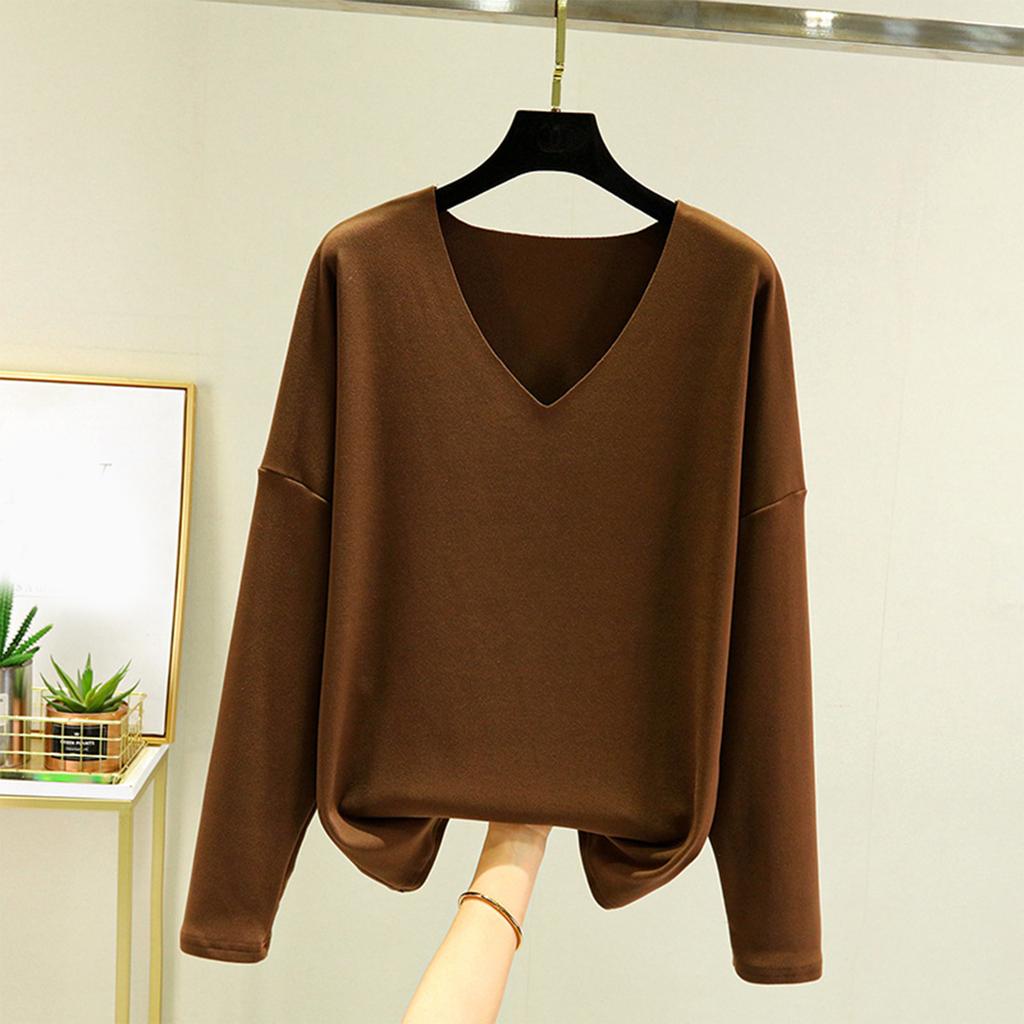 Ladies' Loose Comfortable Casual Fashionable And Large Size Warm Underwear With Seamless  V-Neck And Thick Velvet Long Sleeves Top