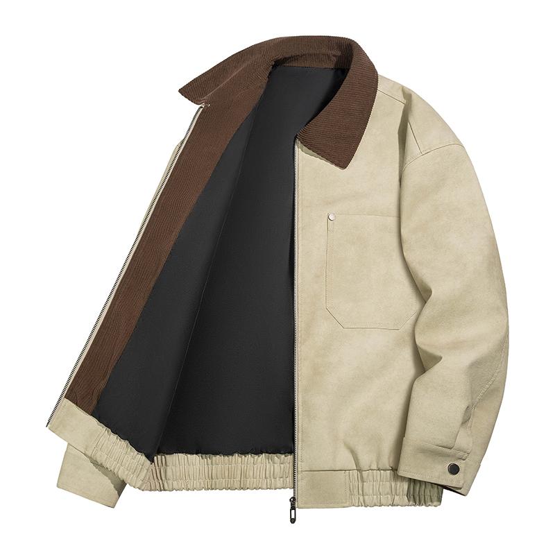 Men Lapel Collar Corduroy Splice Faux Leather Zipper Jacket