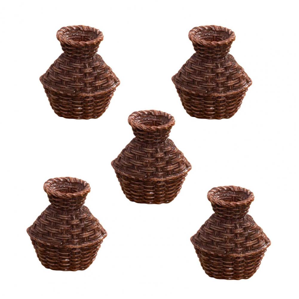 Miniature Decorative Basket Resin Mini Basket 5 Pcs Fairy Garden Micro Mini Resin Rattan Baskets Dollhouse Woven Basket Decor