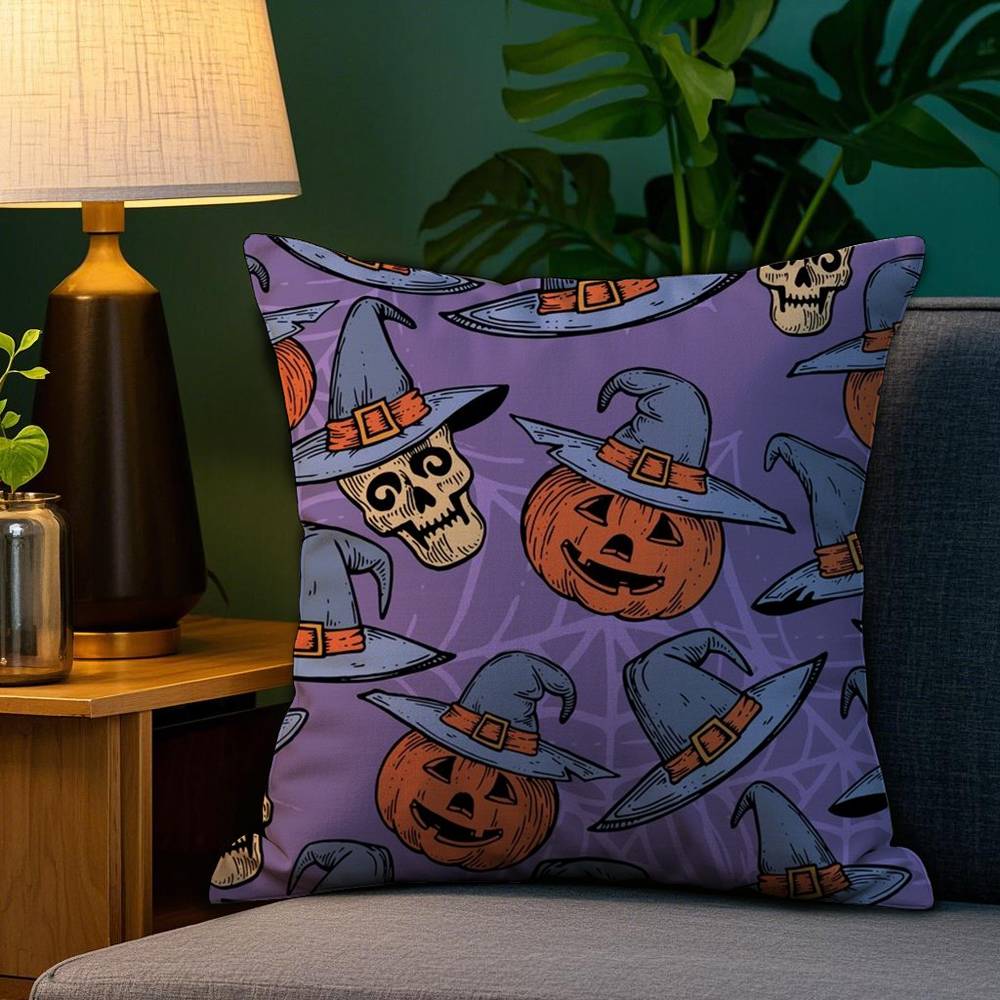 Halloween Witch Hat Skull Pillow Case Plush Fabric Soft Double Sided Print Sofa Cushion Cover Throw Pillow Covers