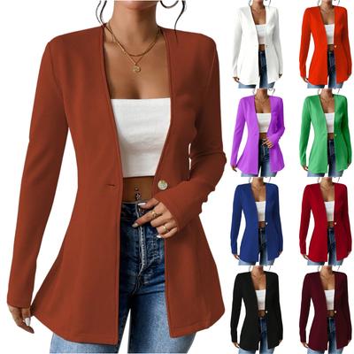 Damenmode Lässig V-Ausschnitt Ein-Knopf Einfarbig Langarm Blazer