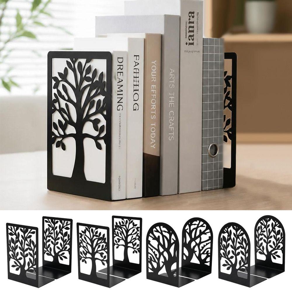 2Pcs Hollow Tree Pattern Metal Bookends T-Shape Non-slip Book Holder  Gift