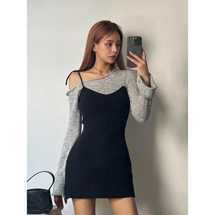 Korean Dongdaemun Off-Shoulder Faux Two-Piece Slim Fit Patchwork Dress - Autumn/Winter Collection XL