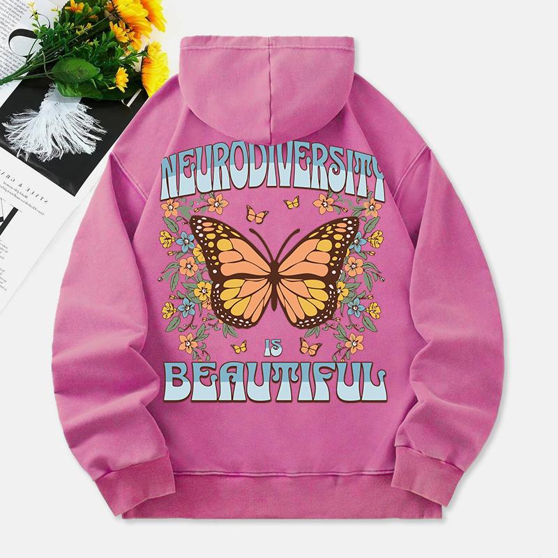 Neurodiversity Is Beautiful Washed Hoodies Women Butterfly Print Cotton Tops Pocket Oversize Warm Clothes
