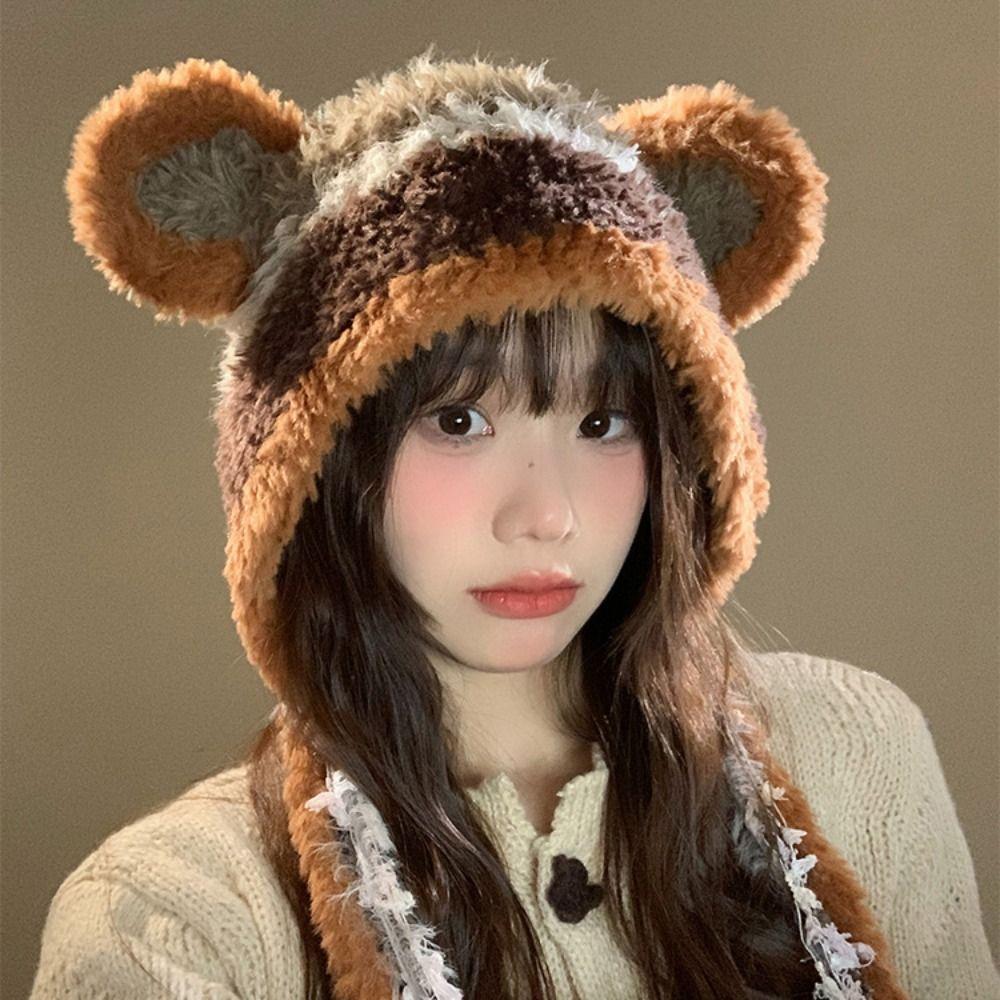 Korean Faux Fur Bucket Hat Plush Women Fluffy Hat Fashion Cute Bear Ear Hat  Female
