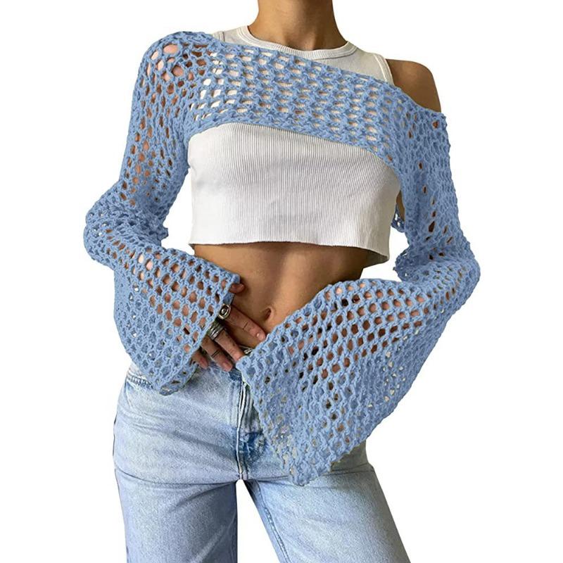 Women's Cover Ups Fall Women's Hand Hook Sweater Casual Ultra Short Flared Sleeve Sexy Mesh Cover Up