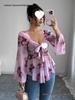 European Floral Gradient Tie-Up Square Neck Long Sleeve Shirt