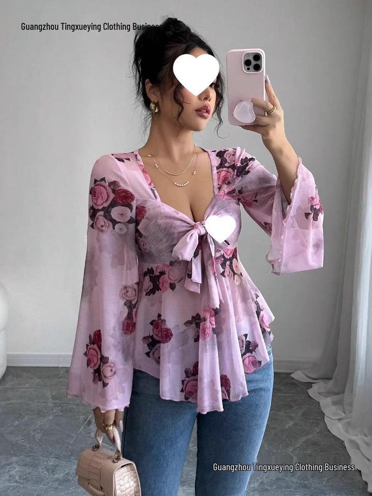European Floral Gradient Tie-Up Square Neck Long Sleeve Shirt