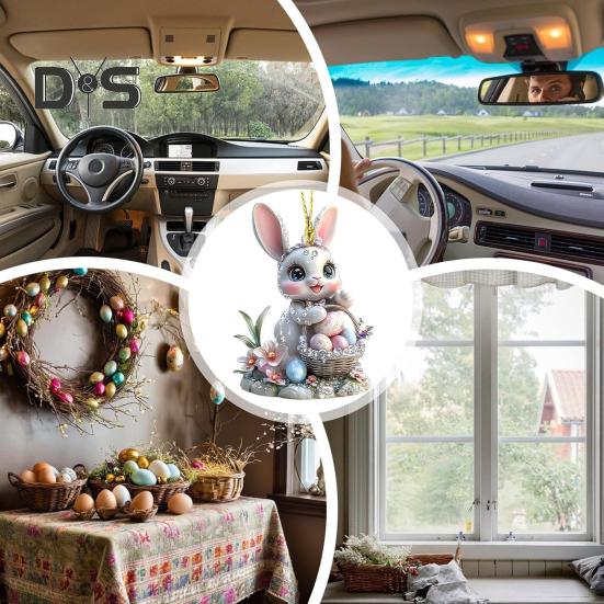 1/3Pcs Easter Cartoon Bunny Hanging Decorations with Lanyard Easy To Hang 2D Acrylic Ornaments Rearview Mirror Pendants