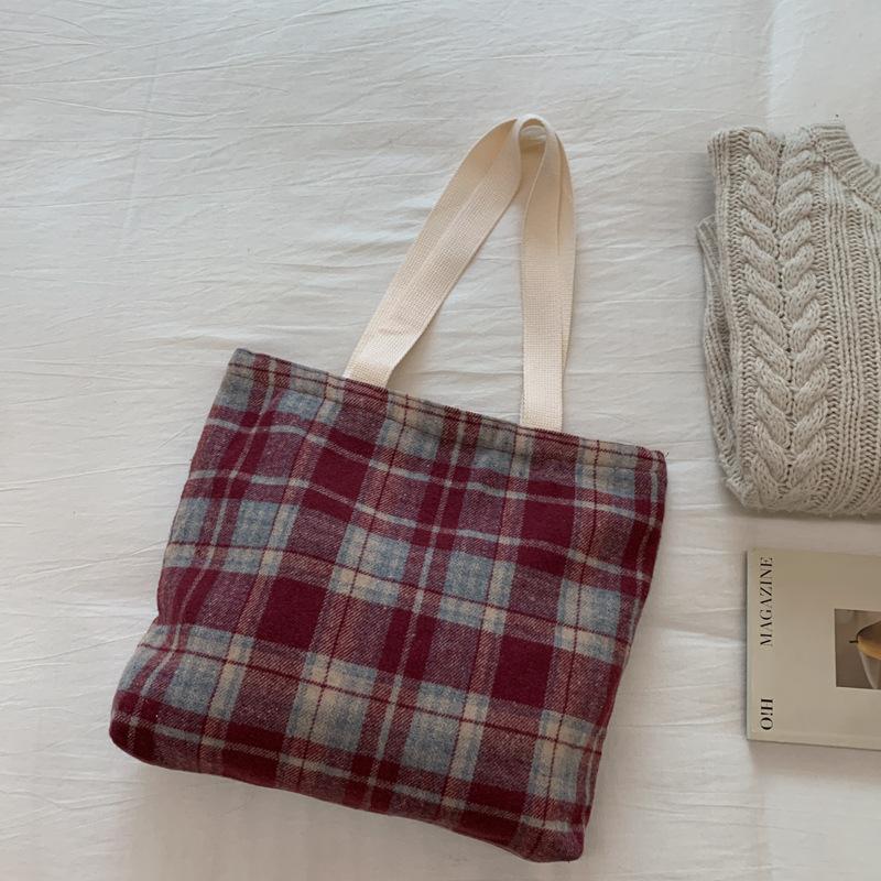 

Осень 2025 ретро смешанный цвет тканая шерстяная клетчатая сумка через плечо повседневная большая вместимость простая клетчатая женская сумка