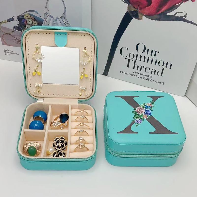 PU Leather Jewelry Box Mirror Storage Box 26 Letter Printed Portable Jewelry Organizer Earring Ring Necklace Case