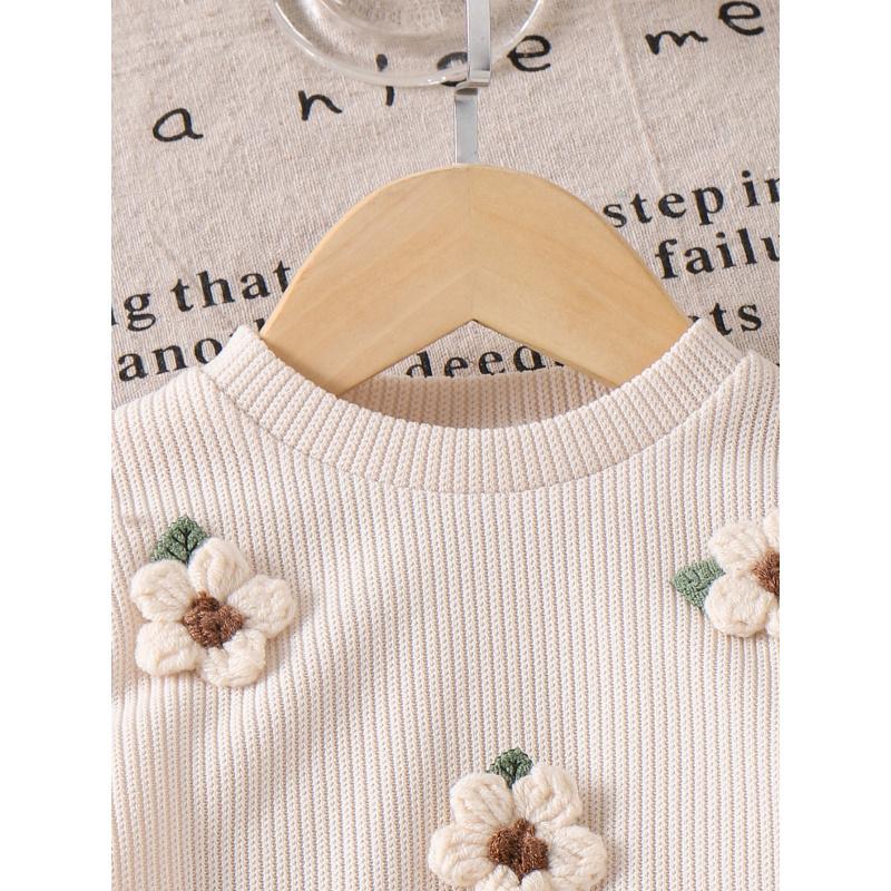 Pullover im Landhausstil mit langen Ärmeln, gestricktes Sweatshirt mit Blumenmuster + gewaschene lange Jeanshose, zweiteiliges Set