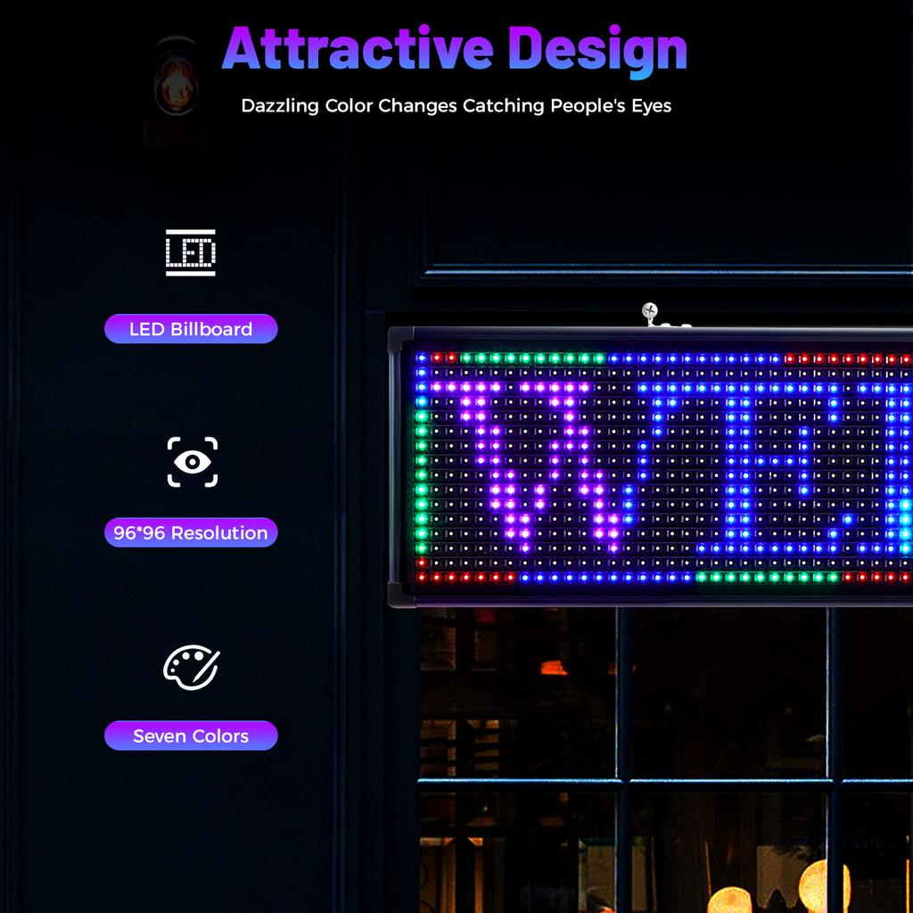 7-Color LED Advertising Sign Board, 40x8 Inch USB/Computer Controlled Digital Display with Flashing Mode for Store Restaurant Ba
