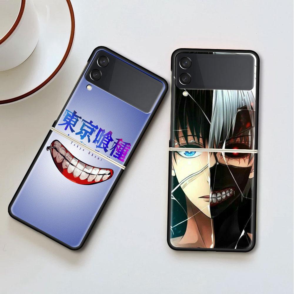 Luxury Case For Samsung Galaxy Z Flip 4 3 5G Black PC Hard Phone Cases Fashion Back Cover ZFlip Funda Anime Tokyo Ghoul Shell