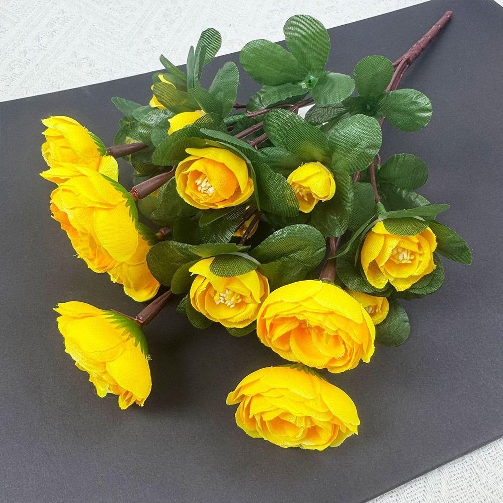 Multicolor Small Camellia Artifical Flower Silk Petals Floral Arrangement Decorative Flower Green Leaves Photo Props