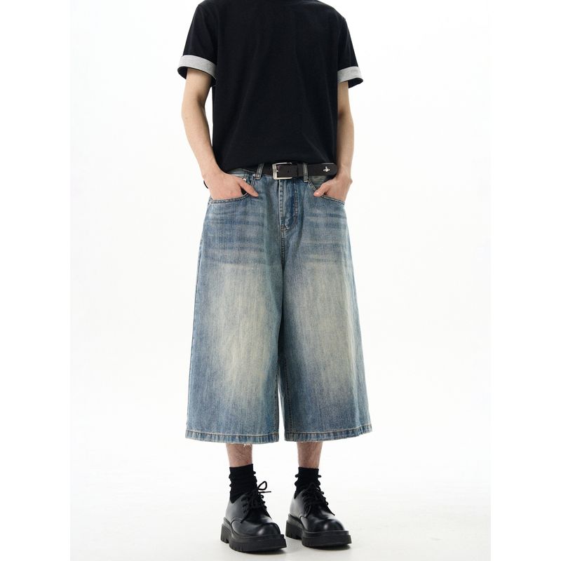 Kisko American Retro Bamboo Texture Washed Vintage Wide-Leg Denim Shorts Unisex New Loose Cropped Pants Ins
