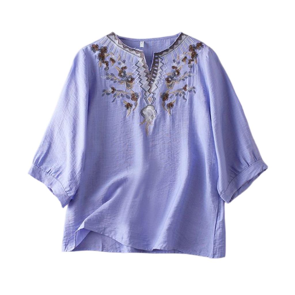 Women's Vintage Inspired Loose Fit Mid-Sleeve Cotton Linen Blend Embroidered Top