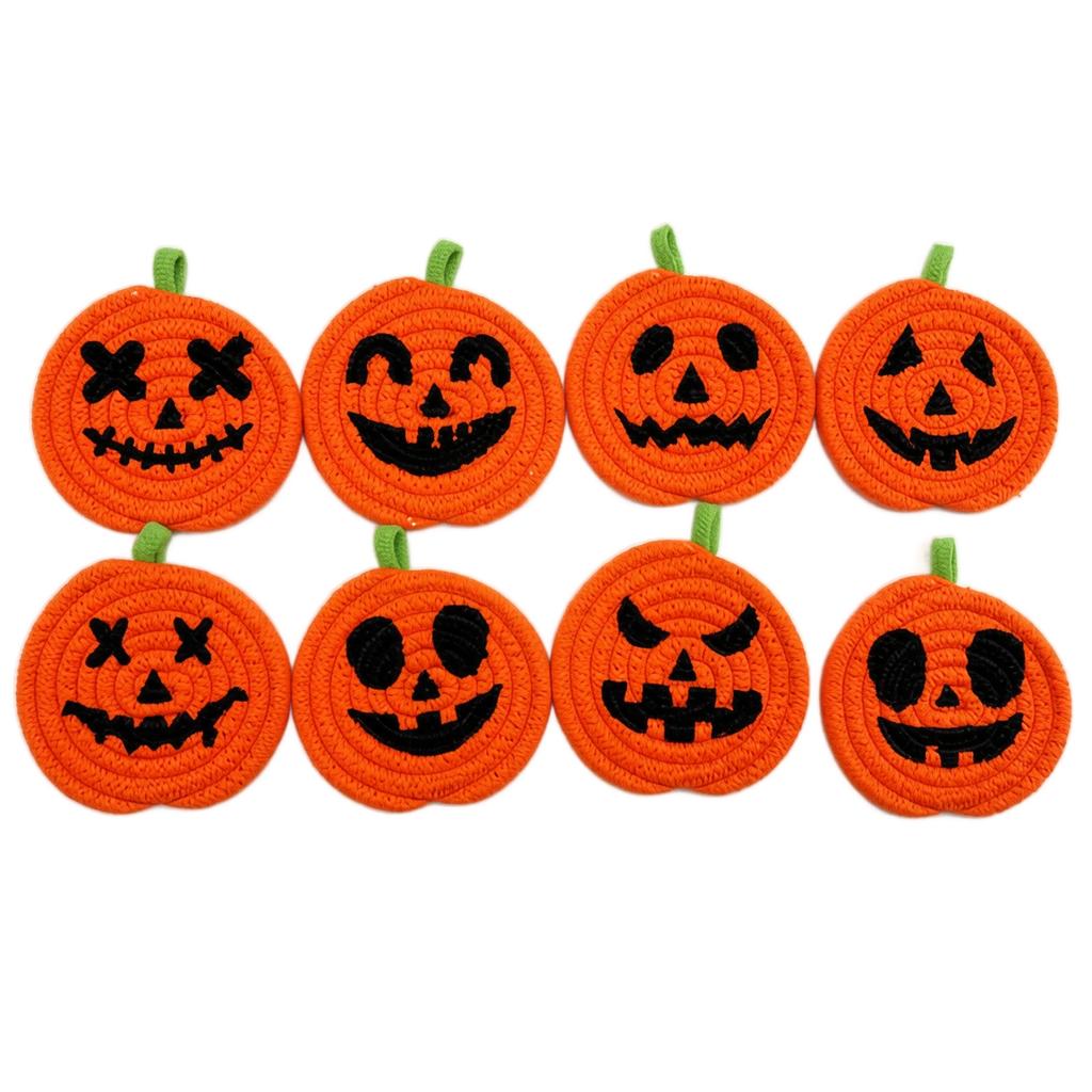 Set of 8 Halloween Pumpkin Coasters Cotton Rope Round Placemats with Various Face Designs Durable Table Protection Seasonal Decor
