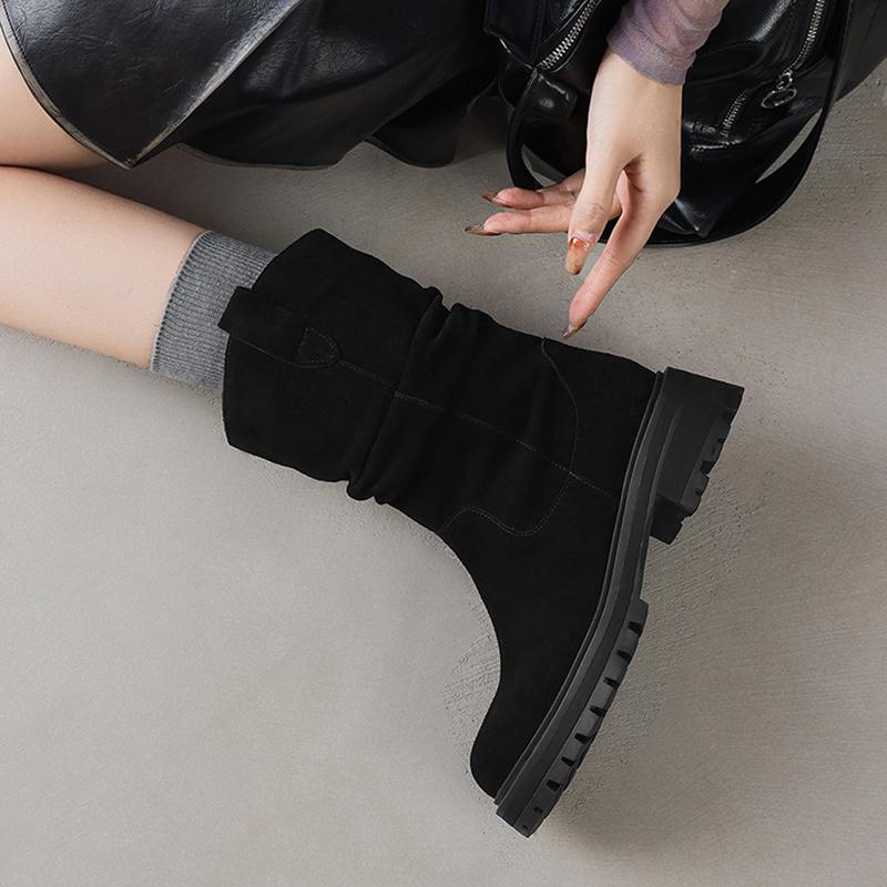 Krazing Pot Cow Suede Nubuck Winter Round Toe Western Boots Med Heels Pleated Decoration Women British School Mid-calf Boots