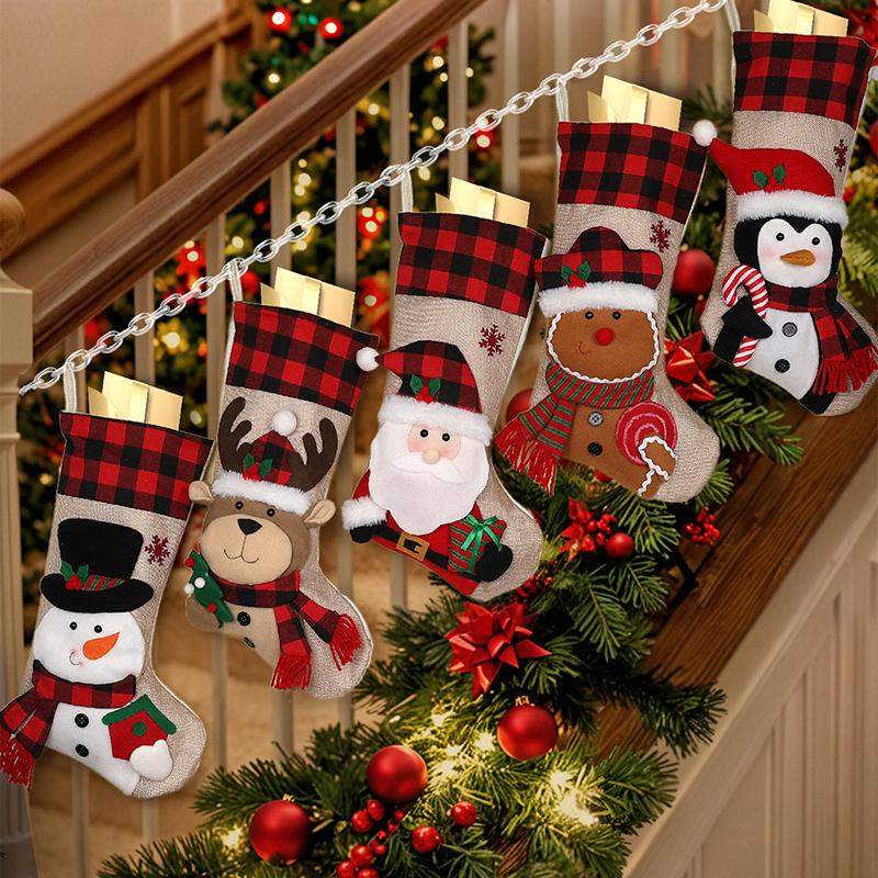 Christmas Stockings, Christmas Stocking Deer Santa Snowman Burlap Plaid Xmas Stocking Holiday Christmas Decoration For Family