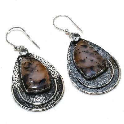 Natural Dendrite Opal,White Topaz Stone 925 Sterling Silver Earring 2.44" V1J07