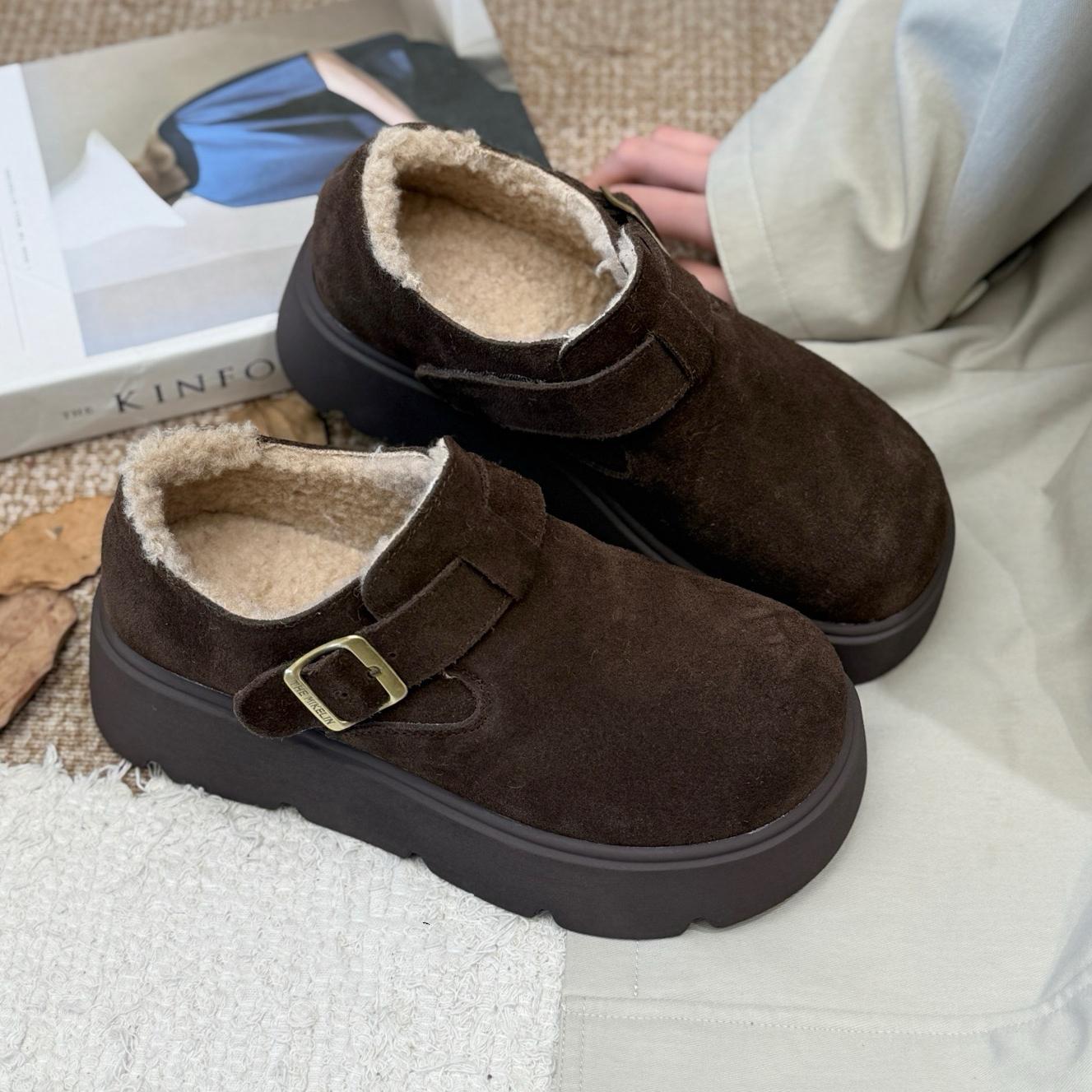 Женские зимние бархатные туфли Birkenstock на толстой подошве с увеличением роста, 2025 новая модель, маленькие туфли-лоферы на платформе, хлопковые туфли 35