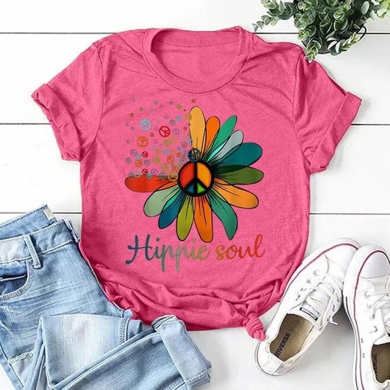 Hippie Soul Sunflower Print T Shirt Women Short Sleeve O Neck Loose Tshirt Summer Women Tee Shirt Tops Camisetas Mujer