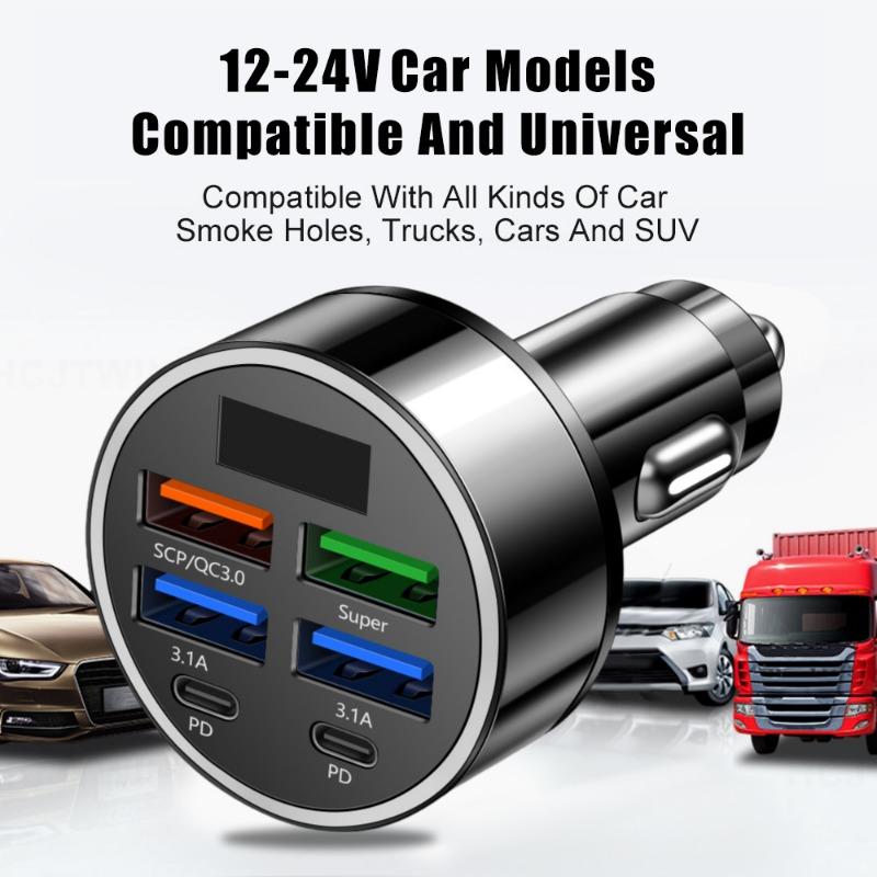 Car USB Charger 6 In 1 Digital Display Charger 4USB+2PD Multi-Port Fast Charging Cars Charger for DC12-24V Car Power Socket