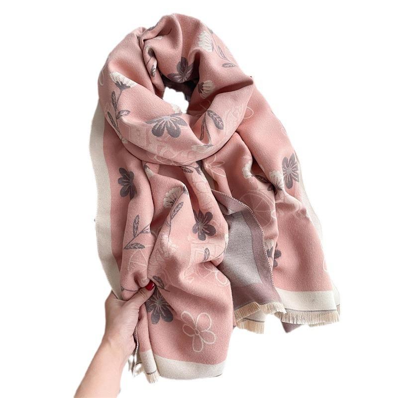 Pink girl's small flower imitation cashmere scarf women's thickened warm scarf shawl with decorative scarf