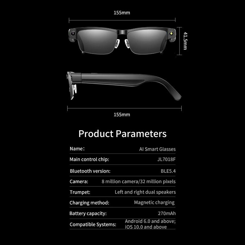 HD 800W Pixels AI Smart Glasses Photochromic Chat GPT Camera Bluetooth Call Voice Assistant Music Player Translation Semi-Rimless UV Protection Unisex