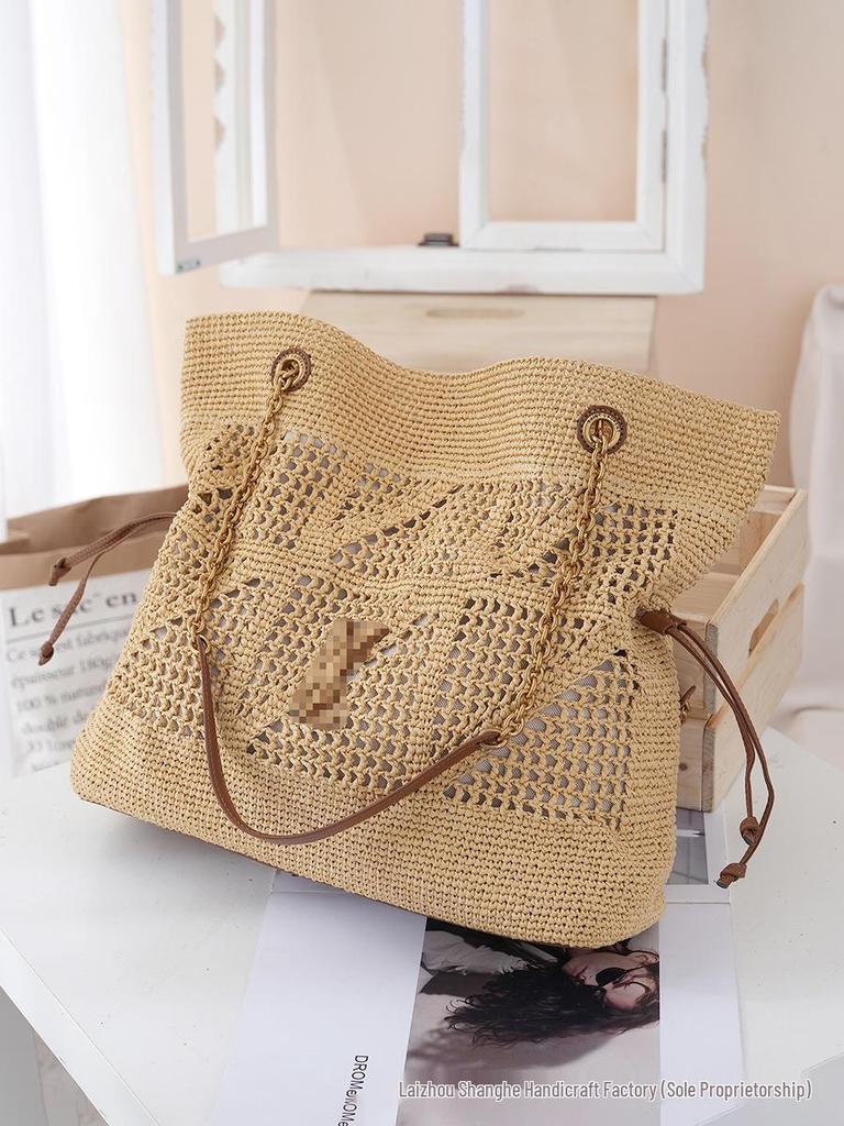 Borsa a Spalla in Paglia di PP Intrecciata a Mano di Grande Capacità - Alla Moda e Versatile per il Pendolarismo o le Vacanze