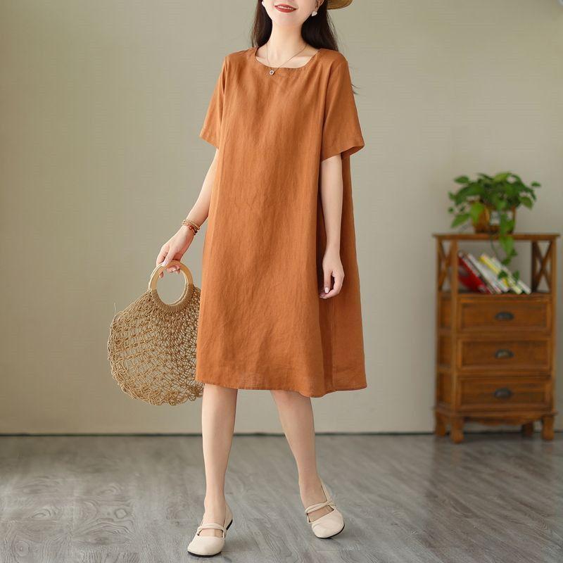 Cotton Linen Dress Female Summer Large Size Loose Simple Mid-length Round Neck Simple Skirt