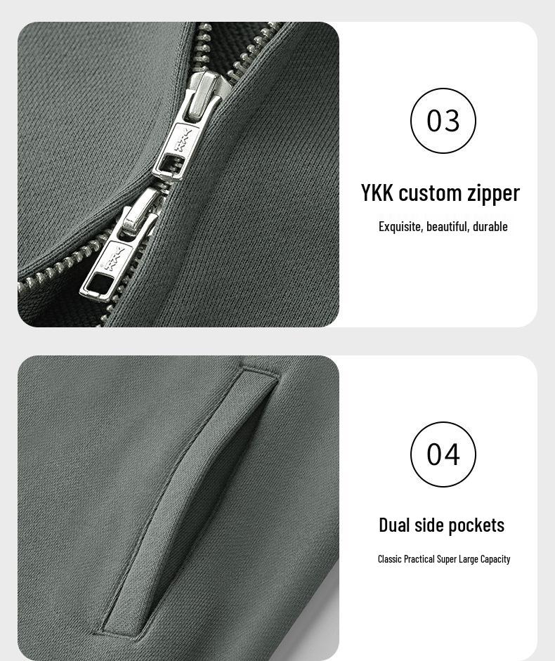 Men's 420g Heavyweight Stand-up Collar Zipper Hoodie - Gray, Spring/Autumn, Loose Fit, Versatile Cardigan.