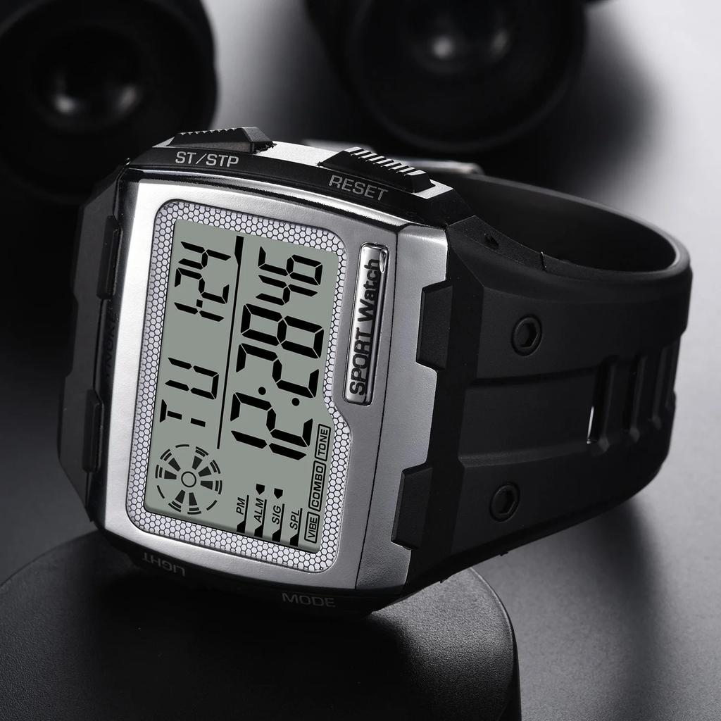Men's Big Square Dial Digital Sport Watch Multifunction with Alarm Chronograph Week Resistant Repeater