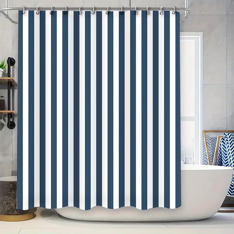 Contemporary Blue and White Striped Shower Curtain for Bathroom Decor Waterproof Fabric Door Hanging Size Customizable (180 X 24