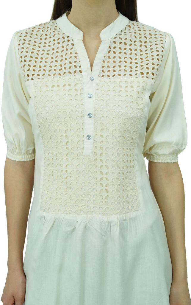 Bimba Women's Cut Work Yoke Tunic Puff Sleeve Short Kurti Summer Casual