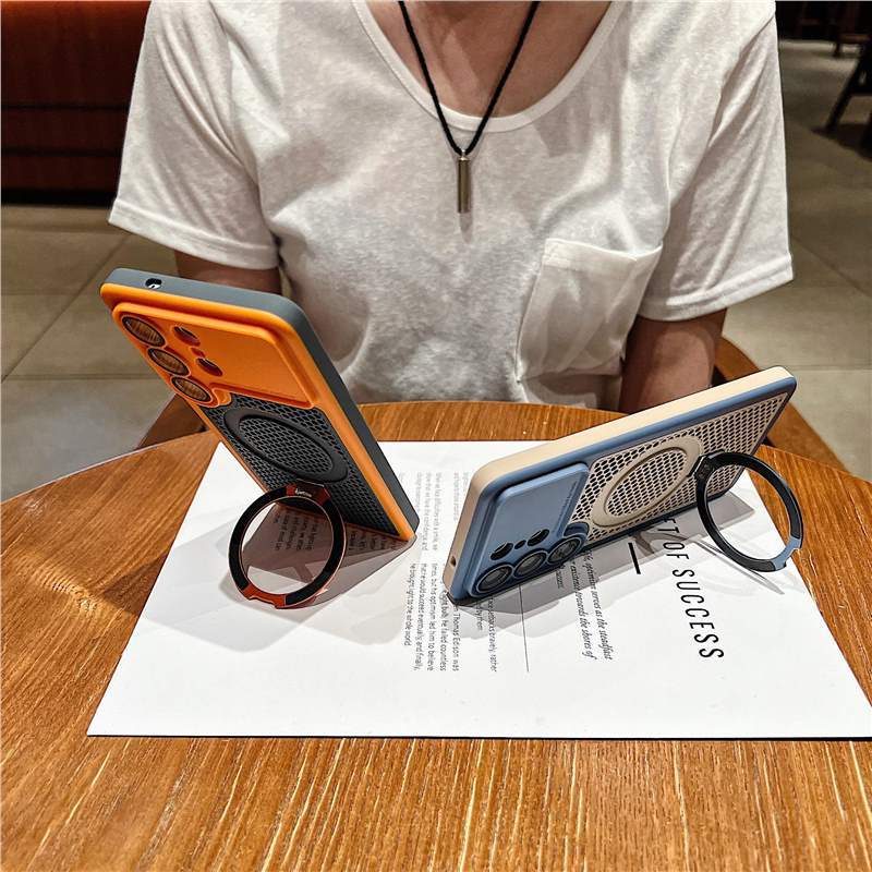 Applicable to Samsung S26ultra magnetic suction bracket mobile phone case s25ultra hollow two-color heat dissipation mesh case protective case