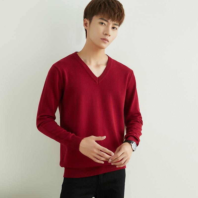 Autumn and Winter V-neck Round Neck Men's Knit Sweater Simple Wind Wild Color Pure Color Pullover Sweater Bottoming Business Sweater